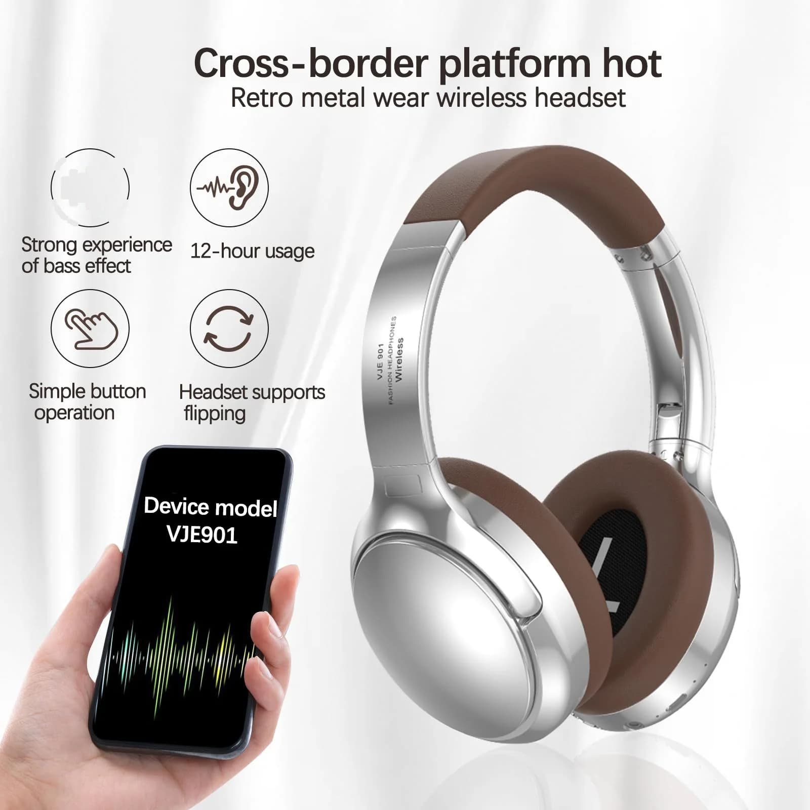 Ретро беспроводные Bluetooth-наушники накладные стерео с микрофоном