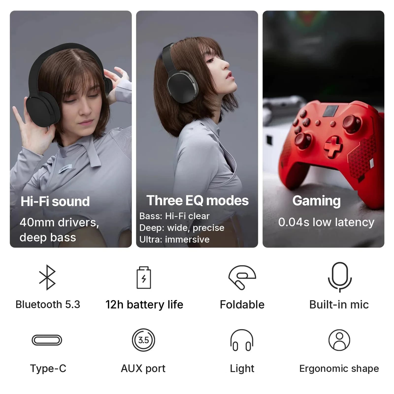 Беспроводные накладные Bluetooth-наушники с тремя режимами эквалайзера и микрофоном
