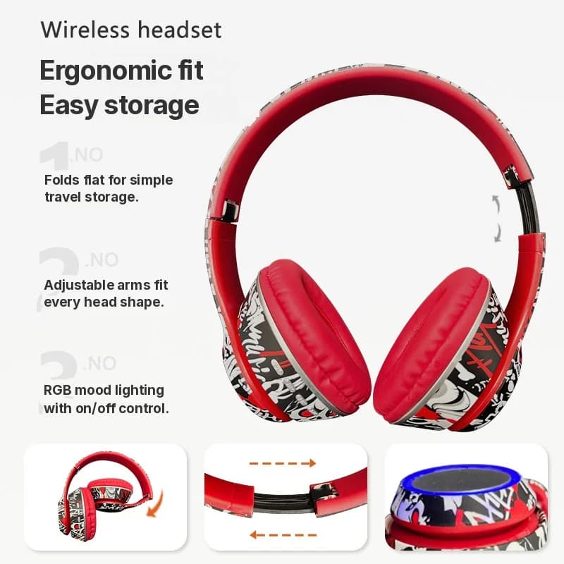 Накладные Bluetooth-наушники в стиле граффити с LED-подсветкой и глубокими басами
